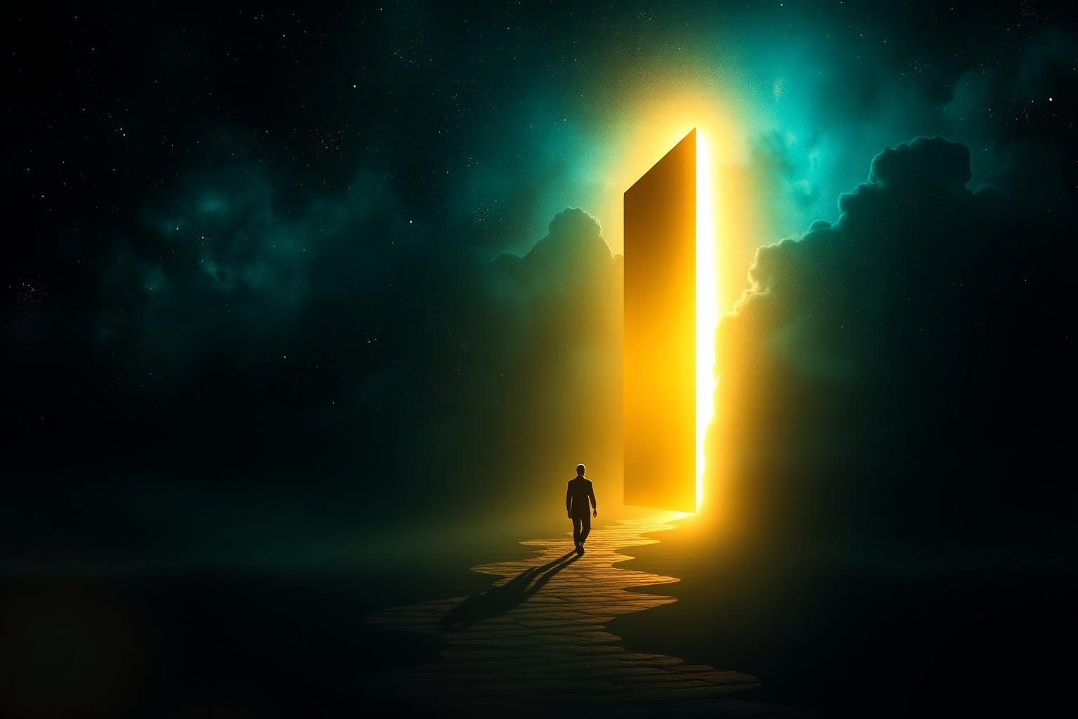 A silhouette walking toward a radiant doorway of golden light